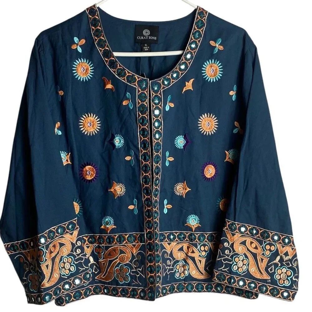 Curations Embroidered Boho Mirror Jacket Size XL Navy Blue Festival Folk Style N